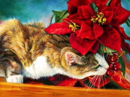 Christmas Cat - xmas and new year, xmas, animals, kitty, winter, kitten, christmas, love four seasons, holidays, blossoms, artwork, cats, paintings