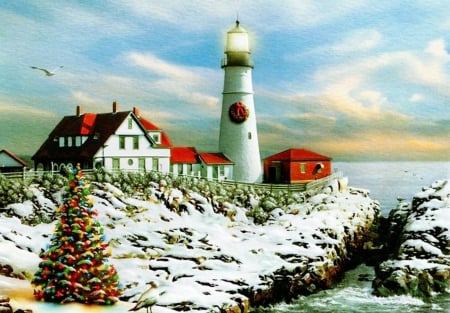 Christmas in Cape Elizabeth - christmas, elizabeth, lighthouse, snow, cape, tree