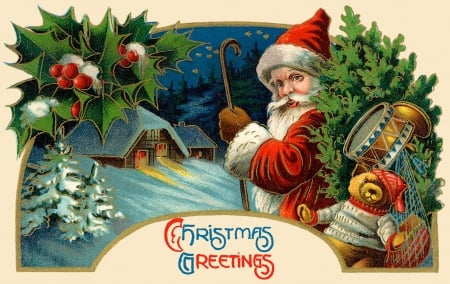 Christmas Greetings - postcard, houses, santa, xmas, snow