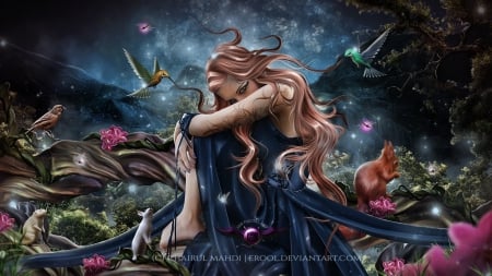 Animarium - alone, girl, sad, blue, fantasy, bird