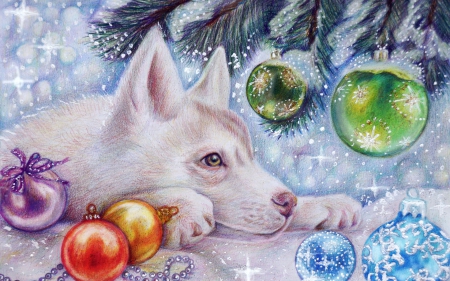 Waiting - globe, husky, ball, dog, christmas, animal, red, green, painting, art