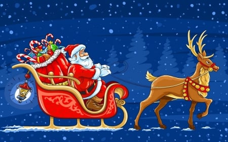 Santa Claus - sleigh, winter, Santa Claus, blue, man, christmas, red, old, reindeer