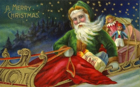 Merry Christmas! - red, card, toy, vintage, sleigh, santa, christmas, green