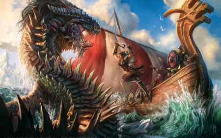 Face to face - fantasy, water, dragon, ship, girl, fight, sea, art