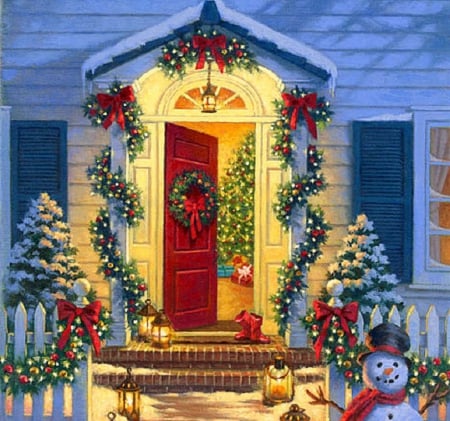 â˜…Christmas Porchâ˜… - white trees, home, lanterns, pretty, decorations, paintings, xmas and new year, snowman, houses, winter, christmas trees, lovely, christmas, wreathes, love four seasons, holidays, snow, winter holidays, beautiful, door, colors