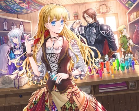 By the Shop - gown, blond hair, bottlw, beautiful, blonde, anime girl, girl, male, blond, lolita, perfume, pretty, short hair, customer, beauty, shelf, sweet, anime, dress, stall, long hair, shor, loli, nice, people, lovely, scene, female, boy