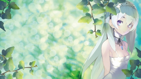 Beneath the ... - pretty, anime, kawaii, female, scene, dress, long hair, leaves, chaika, nice, silver hair, anime girl, beautiful, girl, sundress, beauty, lovely, sweet, blouse, green, cute, adorable