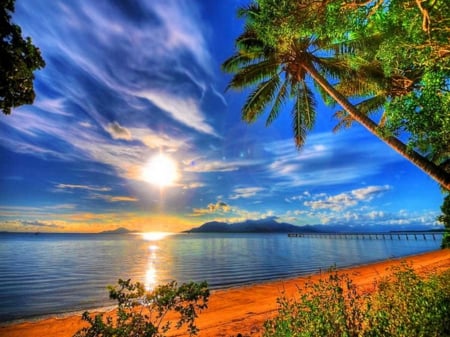 Beach Sunset - clouds, trees, beach, sea, reflection, sunset, nature, palm trees, sky