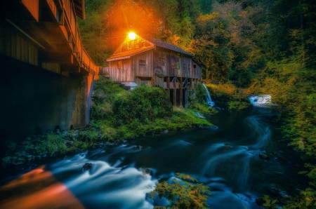 The Old Mill - forest, evening, beautiful, light, river, grass, mill, foliage