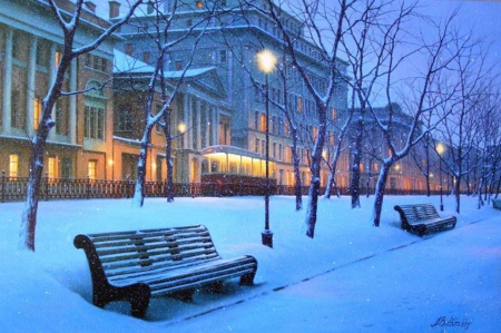 Winter Night - winter, night, bench, snow