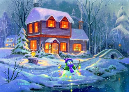 ★Bright Snowy★ - snowman, winter, paintings, snow, christmas trees, holidays, xmas and new year, Christmas, love four seasons, houses, winter holidays