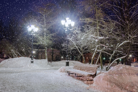 Winter Evening - trees, winter, evening, snow, shoe track, post, night, stars, lights, bench, sky, park, lamps