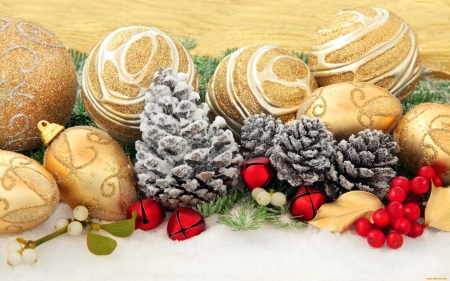 Christmas decoration - cone, new year, winter, ball, christmas, pretty, beautiful, holiday, golden, decoration