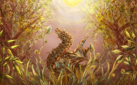 Dragon - fantasy, light, yellow, dragon, sun, art