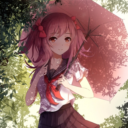 Umbrella Shade - pretty, anime, kawaii, female, scene, maiden, long hair, umbrella, ribbon, hd, nice, anime girl, skirt, girl, lovely, brown hair, sweet, shadow, cg, blouse, lady, cute, shade, adorable