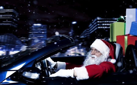 Modern Santa - ride, hat, gift, night, christmas, santa, car, red, blue, man, old