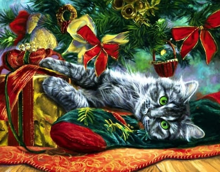 Christmas Kitty - xmas and new year, xmas, cat, animals, kitten, christmas, christmas tree, love four seasons, holidays, noel, artwork, cats, decorations, paintings, gifts, decoration