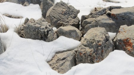 Rocks in the snow - winter, nature, snow, seasons, HD, rocks, wallpaper