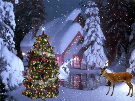 AN OLD FASHION CHRISTMAS - LIGHTS, SNOW, WONTER, TREE, CHRISTMAS, HOUSE, REINDEER