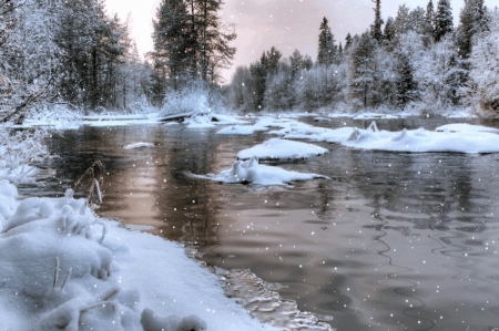 SNOWY RIVER - FOREST, RIVER, SNOW, REFLECTION, WINTER