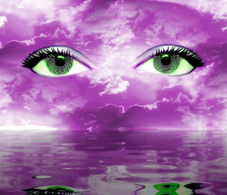 PURPLE SEA - white, sky, purple, reflection, clouds, eyes, green, sea