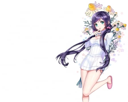 Toujou Nozomi - flower, cute, plain, maiden, blossom, shirt, anime girl, girl, white, lady, floral, simple, purple, pretty, kawaii, sweet, yellow, anime, hd, purple hair, cg, long hair, nice, lovely, sexy, female