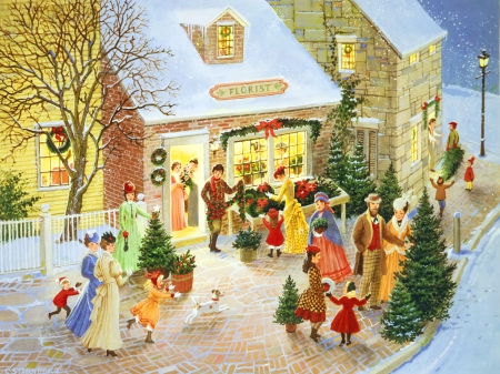 Christmas florist - mood, winter, town, beautiful, snow, village, flowers, christmas, holiday, florist, painting, market, art, shop