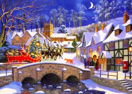 Special delivery - fun, snow, light, eve, joy, holiday, visit, reindeers, art, houses, sleigh, mood, winter, special, beautiful, moonlight, village, christmas, santa, painting, ride, delivery, bridge