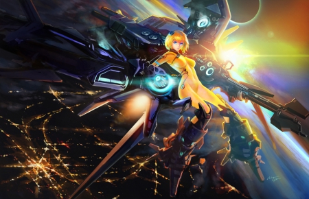 Mecha Field - space, horizon, blond hair, beautiful, blonde, hot, anime girl, girl, blond, fantasy, blonde hair, light, float, ray, pretty, mecha, robot, beauty, sweet, anime, hd, sun, powersuit, cg, nice, lovely, sexy, scene, female, sunray, realistic