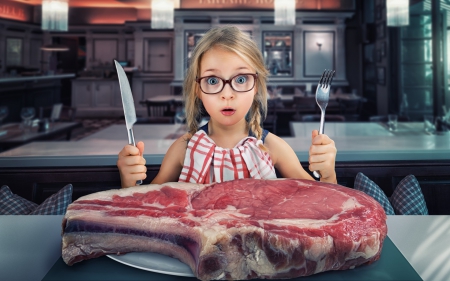 Big slice of meat and a little girl