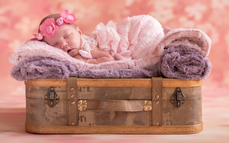 Baby sleeping - sleep, girl, cute, baby, pink, suitcase, sweet, child