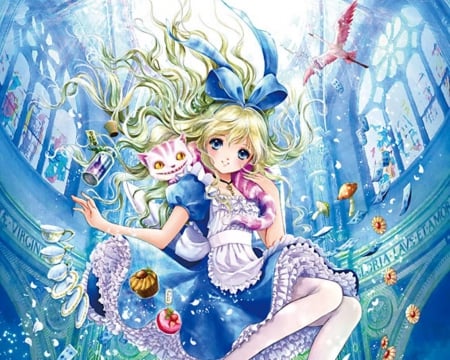 Alice - cupcake, anime girl, blond hair, blonde hair, food, ribbon, adorable, long hair, alice, cake, beautiful, sweet, plate, dress, nice, alice in wonderland, beauty, female, blond, pretty, anime, cute, flamingo, girl, loli, gown, lovely, cup, kawaii, blue, blonde, lolita, float