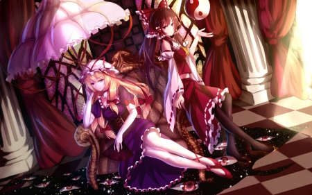 Ward Group - female, magic, blond, yakumo yukari hakurei, anime girl, reimu hakurei, brown hair, touhou, blond hair, blonde hair, umbrella, anime, reimu, ribbon, girl, shrine maiden, long hair, loli, hakurei reimu, gown, lolita, dress, blonde