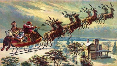 Santa\'s Sleigh - landscape, sleigh, artwork, christmas, gifts, santa, flight, house, snow