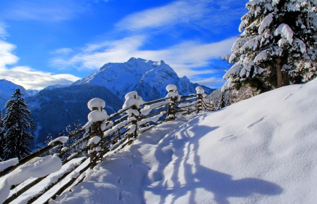 Winter - snow, forest, mountain, path, SkyPhoenixX1, frost, sky, way, woods, sun, hill, trees, winter, sunshine, fence, ice, coldness, nature