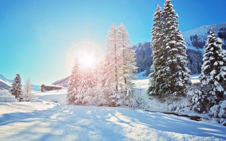 Winter Morning - hills, blue, cabin, snow, sunrise, forest, SkyPhoenixX1, frost, hut, sky, woods, sun, house, trees, winter, sunshine, morning, ice, coldness, nature, mountains