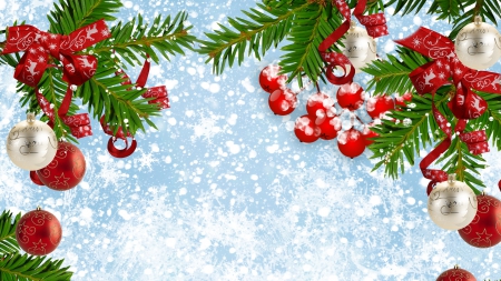 Holiday Nature - greenery, winter, Chrismas, balls, snow, fir, Feliz Navidad, berries, spruce, decorations, ribbons