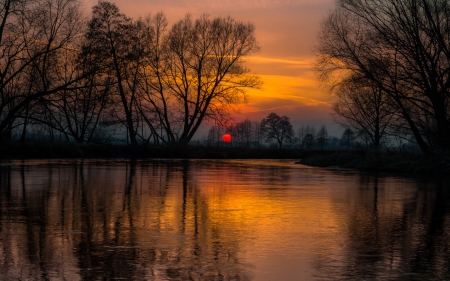 Sunset - trees, amazing, sunset, river