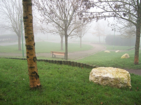 fog on the rocks - nature, creteil, france, fog, grass, rocks