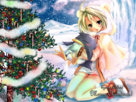 Merry Christmas - christmas tree, pretty, girl, snow, anime, penguin, bear suit