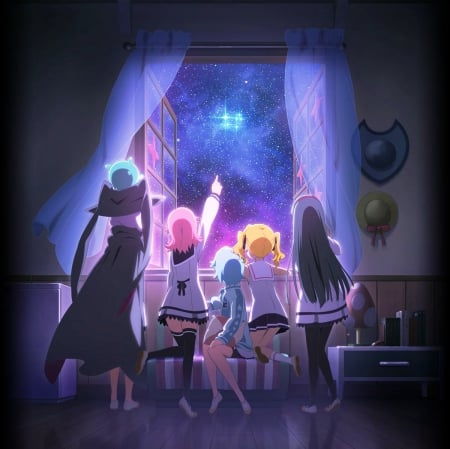 Look there ... - pretty, star, point, female, scenery, friendships, window, scene, night, curtain, blond, look, nice, beauty, cg, standing, pointing, g, cute, watching, anime, kawaii, blonde, blond hair, long hair, group, short hair, hd, pink hair, anime girl, beautiful, girl, blonde hair, lovely, sweet, looking, black, adorable