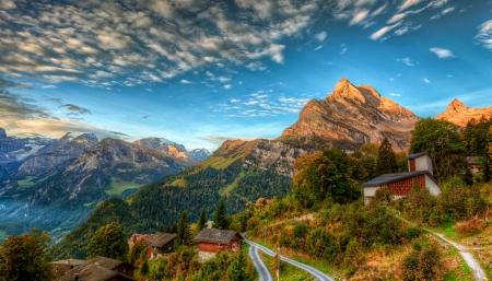 On The Swiss Alps - summer, mountains, road, village, forest, clouds, beautiful, grass, sunrise