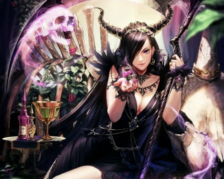 Black Magic - skull, nice, beauty, female, hot, magic, wicked, anime girl, evil, black hair, fantasy, black, gorgeous, pretty, sinister, anime, sexy, girl, magical, long hair, lovely, horn, beautiful, sweet