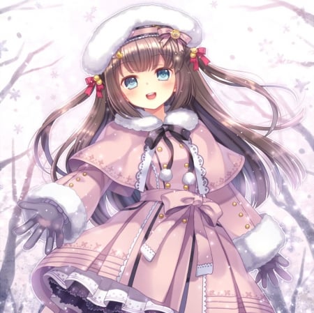 Let it Snow - blush, cute, happy, beautiful, anime girl, adorable, girl, smiling, lolita, winter, pretty, snowflakes, kawaii, beauty, sweet, brown hair, anime, flakes, long hair, blushing, loli, nice, lovely, smile, female, snow