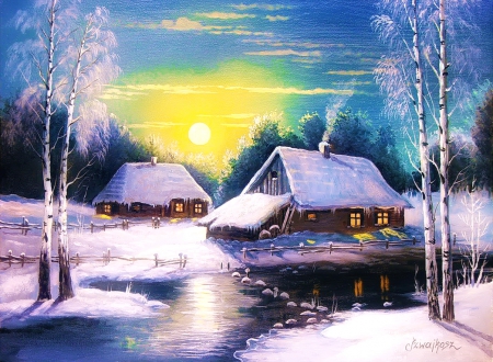 Frosty night - snow, night, reflection, frost, art, cottage, sky, house, winter, beautiful, moonlight, village, river, ice, frozen, painting, full moon