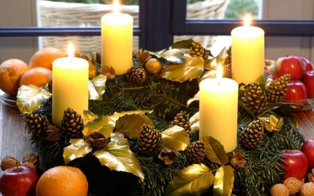 Christmas Candles - candles, yellow, Christmas, dcor