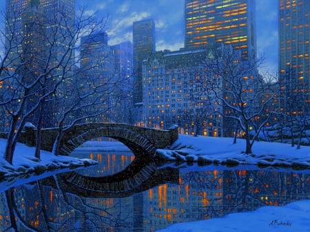 Central park - central, night, park, buildings, painting, art, evening, frost, snow, beautiful, river, city, dusk, bridge, lights