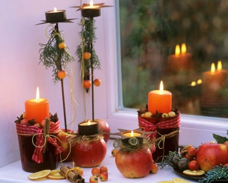 Christmas Candles - candle, Christmas, apple, window