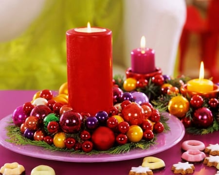 Christmas Candles - candle, decor, balls, christmas