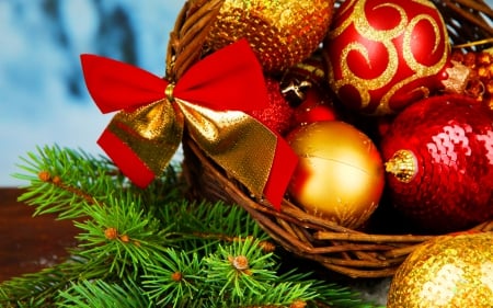 Christmas decoration - new year, branch, winter, colorful, basket, christmas, balls, pretty, beautiful, holiday, decoration